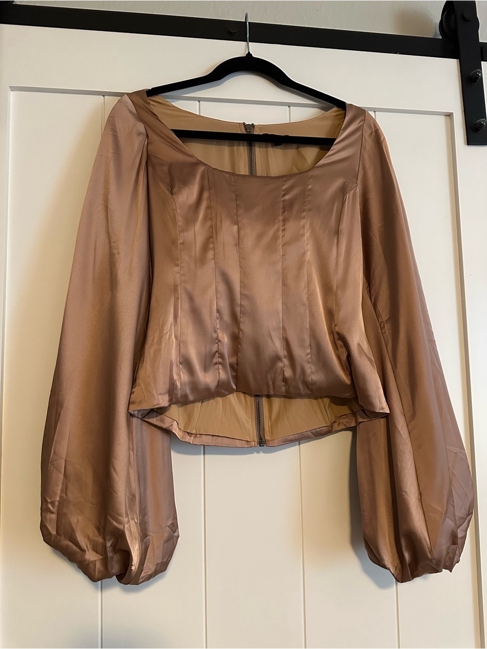 Satin Balloon-Sleeve Corset Blouse in Taupe Brown